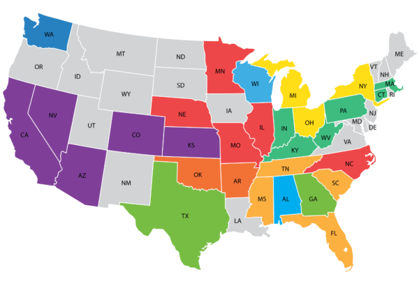 United States map showing which reps cover each state.